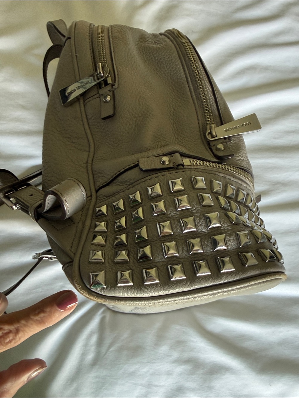 Michael Kors Grey Pebbled Leather Backpack with Stud Trim - Picture 3 of 11